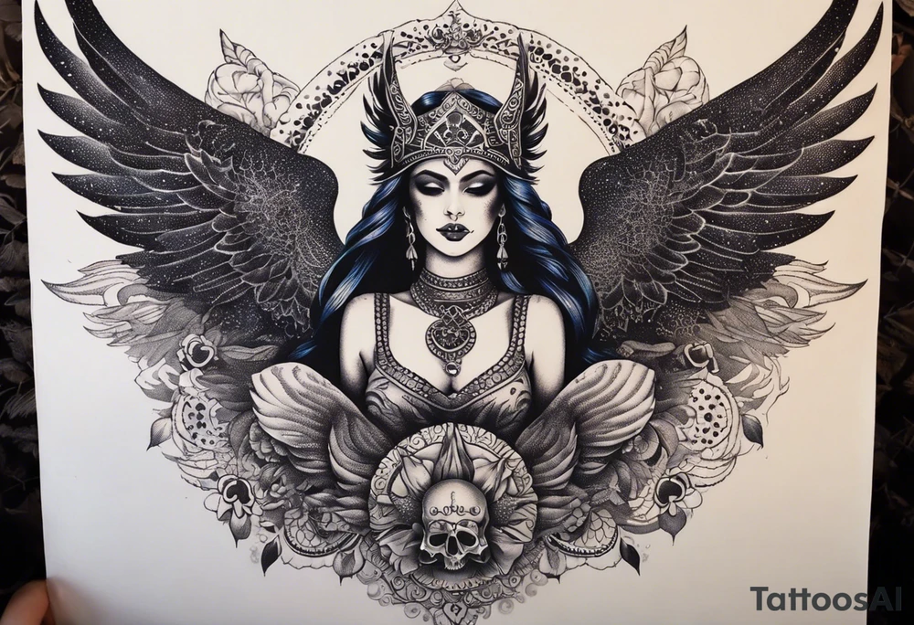 black kali, goddess pirate, alien, angel, pachamama, valkrye, warrior, flying, skull, lotus azul, wing, eagle, zenza resonance, stars, 5D, anahata chakra, death, durga, riding on a tiger, flying lady, chest tatoo tattoo idea