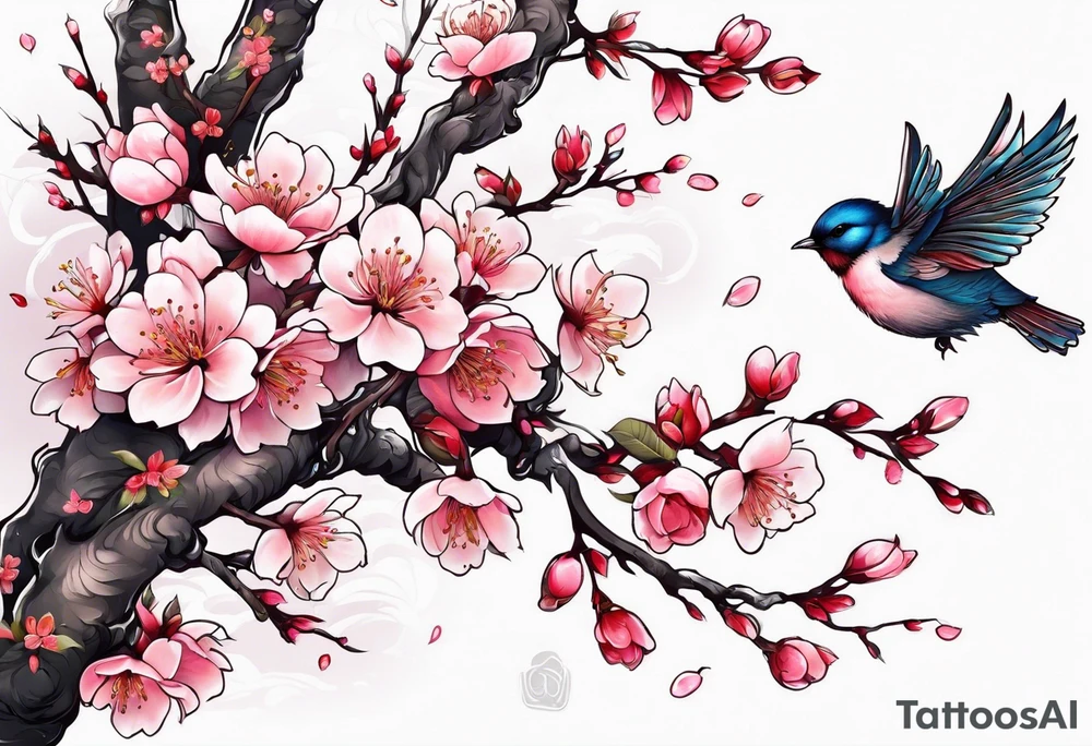 Japanese cherry blossom with birds, butterflies and rose tattoo idea