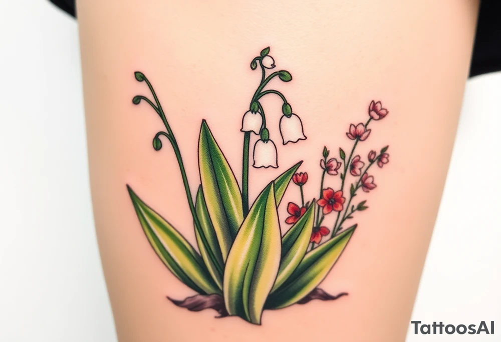 Small White lily in the valley bells growing next to other different colored lilie plants planted 
around  blooming hawthorn tree tattoo idea