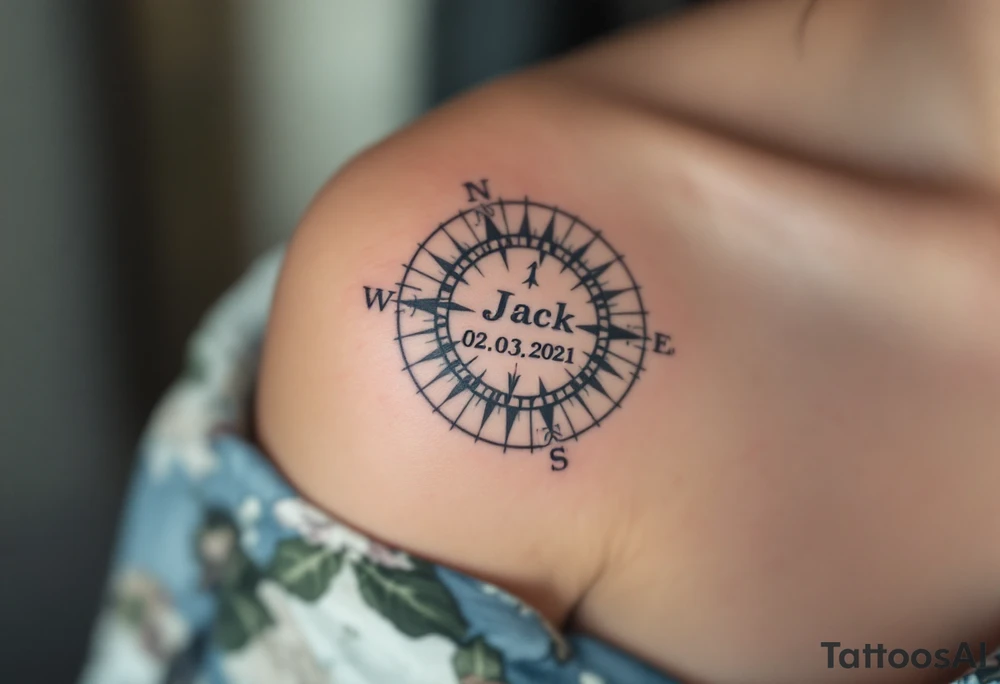 Jakoubek name and date 02. 03. 2021 – A classic blue and gray compass with Jack's birthdate etched in bold, modern font at the center. tattoo idea