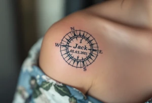 Jakoubek name and date 02. 03. 2021 – A classic blue and gray compass with Jack's birthdate etched in bold, modern font at the center. tattoo idea