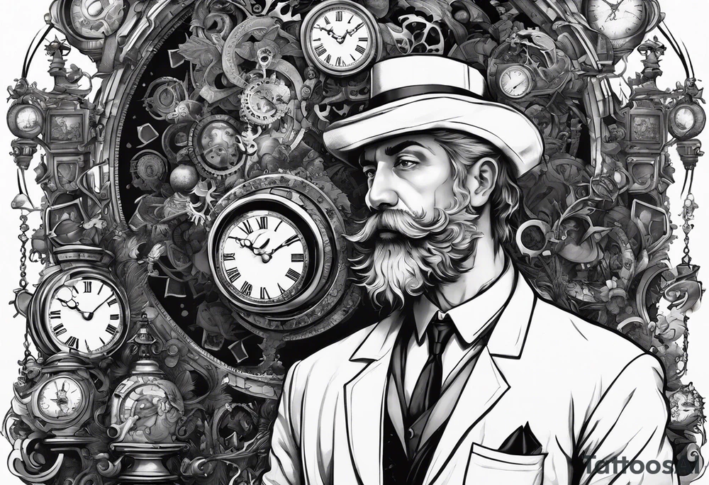 a mad scientist with a head piece made of clocks tattoo idea