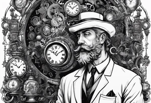 a mad scientist with a head piece made of clocks tattoo idea