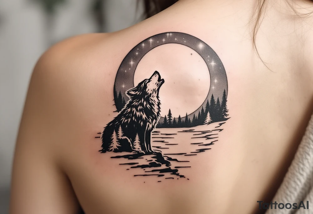 lone wolf howling at full moon with northern lights backdrop tattoo idea