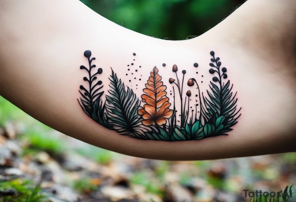 minimalistic forest floor inspired tattoo, which includes grass, curly ferns and dead leaves as the bulk of the tattoo. details to include: forest berries, couple of very small brown mushrooms, a tiny bumblebee flying nearby tattoo idea