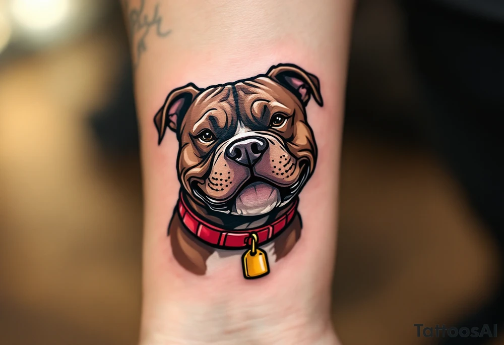 Comic-style pitbull with exaggerated grin, chocolate brown coat, thick black lines, bold red collar with a gold tag. tattoo idea
