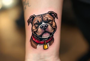 Comic-style pitbull with exaggerated grin, chocolate brown coat, thick black lines, bold red collar with a gold tag. tattoo idea