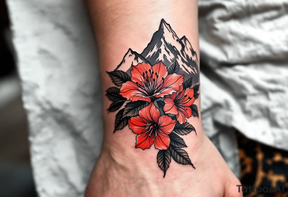 red  and black rhododendron trippy with Himalayas behind tattoo idea