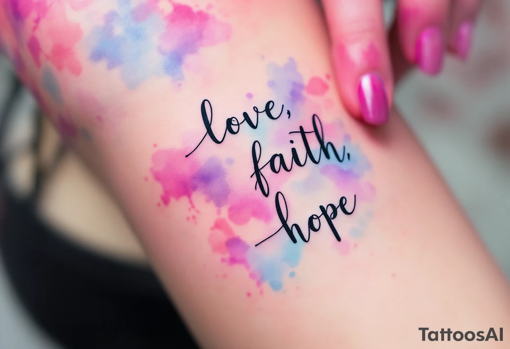 Black ink "love, faith,hope" with a watercolor background blending soft pink, lavender, and sky blue. tattoo idea