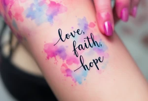 Black ink "love, faith,hope" with a watercolor background blending soft pink, lavender, and sky blue. tattoo idea