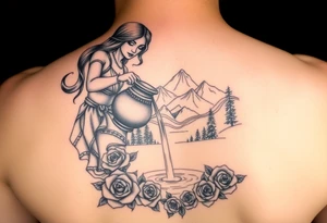 Beautiful female water bearer pouring an urn of water that flows into the Colorado mountain range into a small pool of water surrounded by roses tattoo idea