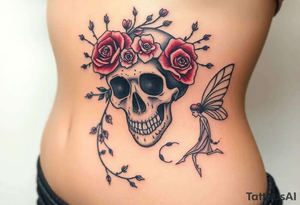 A night of the dead  skull adorned with crown of wild roses and thorns with a beautiful fairy with a young fairy following behind tattoo idea