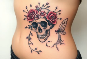 A night of the dead  skull adorned with crown of wild roses and thorns with a beautiful fairy with a young fairy following behind tattoo idea
