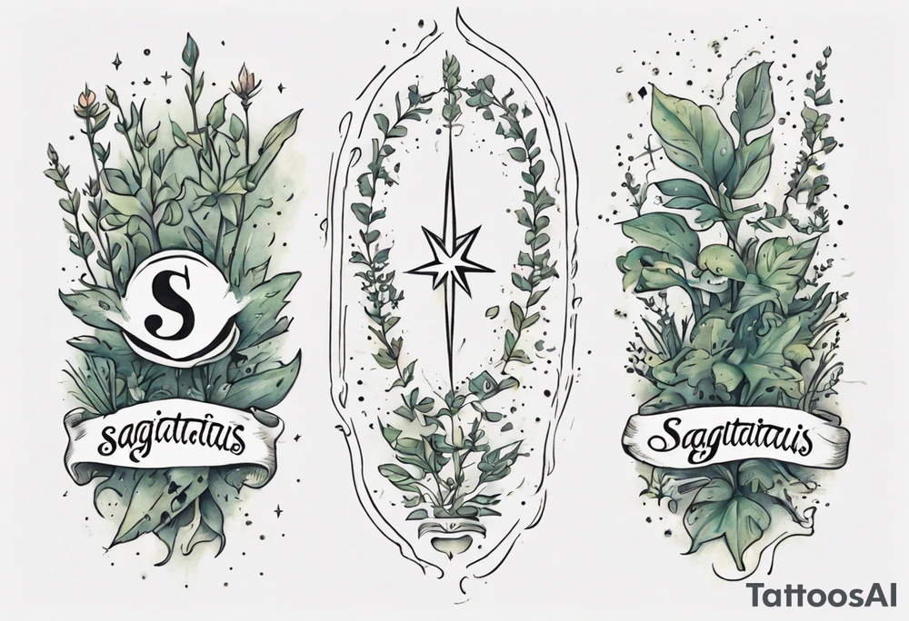 a forearm tattoo with little plants around the word sagittarius and underneath it the date 12.08.05 tattoo idea