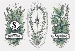 a forearm tattoo with little plants around the word sagittarius and underneath it the date 12.08.05 tattoo idea