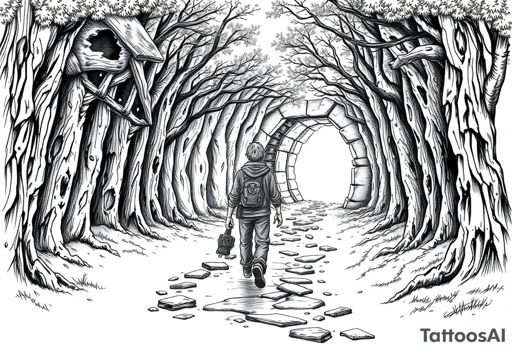A boy walking up a forest path, DnD inspired, broken down carriage, tavern, glowing tunnel tattoo idea
