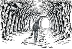 A boy walking up a forest path, DnD inspired, broken down carriage, tavern, glowing tunnel tattoo idea