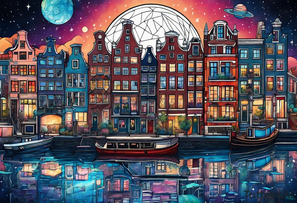 Tattoo of water in space featuring animals featuring Amsterdam buildings and canal in galaxy colours tattoo idea