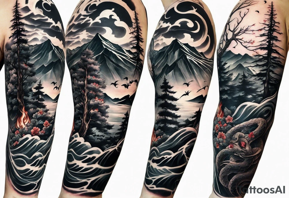 Full arm sleeve, tree going up to shoulder dead tree going down to wrist, wrapped in a serpent moving down with mountain, water, and demon tattoo idea