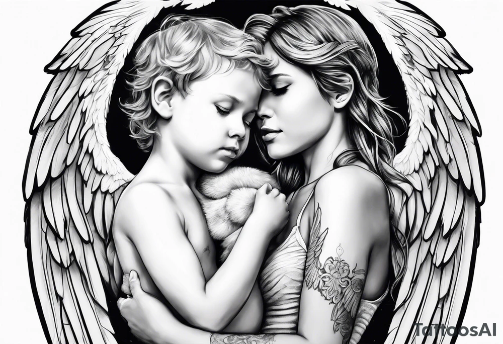 An Angel covering a boy with her wings for shelter tattoo idea