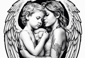 An Angel covering a boy with her wings for shelter tattoo idea