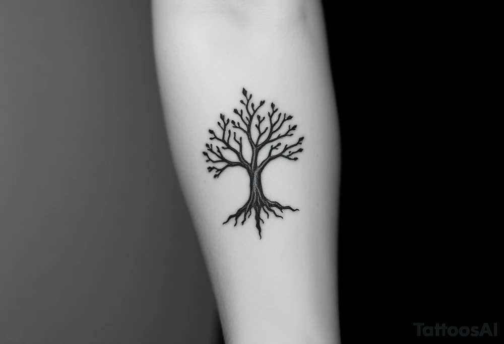 Design a tattoo symbolizing personal rebirth and freedom. or tree emerging from darkness, representing overcoming addiction, self-love, and inner strength. Include meditation elements. Style: minimalistic, meaningful, with clean lines and hope-driven symbolism. tattoo idea