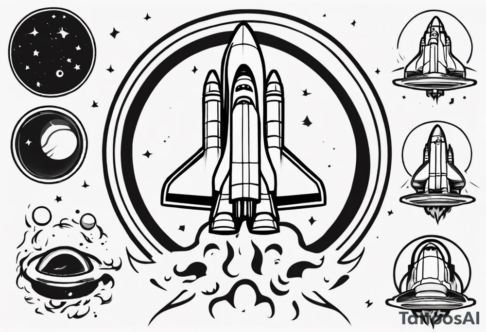 Super simple cartoon space shuttle with a round window, 3 fins, and fire coming out the bottom tattoo idea