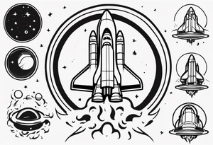 Super simple cartoon space shuttle with a round window, 3 fins, and fire coming out the bottom tattoo idea