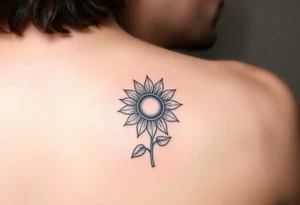 Half Sunflower, half sun tattoo that will "shine" on my bicep with stem, fine line and feminine tattoo idea