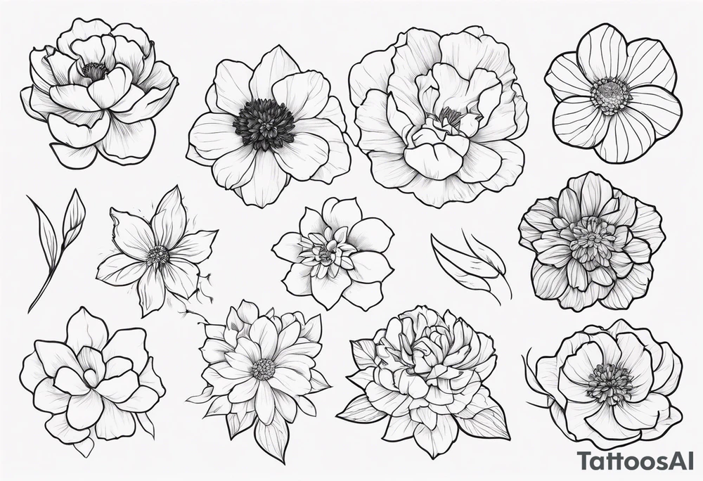 tattoo design with 8 flowers: peony, carnation, daffodil, daphne, dahlia, desiree, daisy and rose and label the flower name tattoo idea