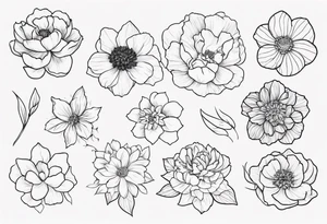 tattoo design with 8 flowers: peony, carnation, daffodil, daphne, dahlia, desiree, daisy and rose and label the flower name tattoo idea