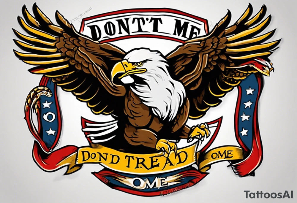 American traditional Bald Eagle carrying a snake in its talons, with a banner reading “don't tread on me” tattoo idea