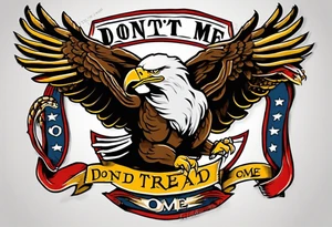 American traditional Bald Eagle carrying a snake in its talons, with a banner reading “don't tread on me” tattoo idea