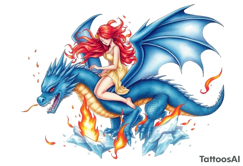 Redheaded girl on a blue dragon who is breathing fire with wings spread and flying over ice and flames tattoo idea