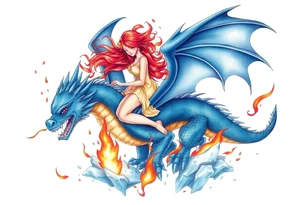 Redheaded girl on a blue dragon who is breathing fire with wings spread and flying over ice and flames tattoo idea