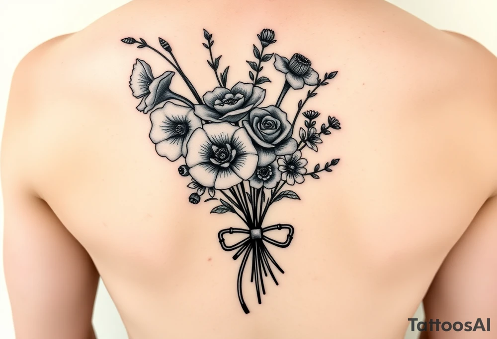 6 inches tall by 4 inches wide approximately, black and white tattoo with a bouquet of hollyhocks, one wild rose, and two wild flowers, include a stethoscope along the side without putting it into the bouquet and the name June Etta , make the tattoo taller than it is wide, make the bouquet have a bow towards the bottom holding the flowers like they had just been picked from the garden still with the stethoscope along the side tattoo idea
