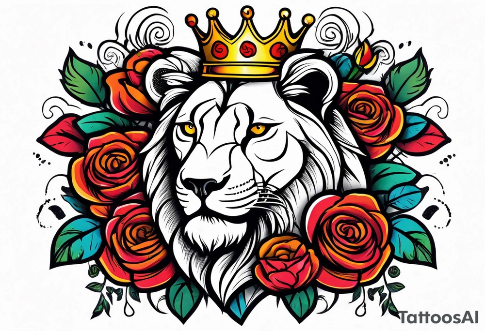 Roaring Lion with crown  with roses tattoo idea