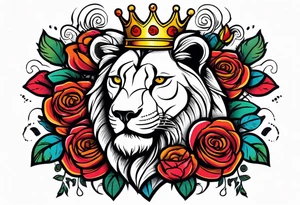 Roaring Lion with crown  with roses tattoo idea