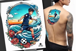 kid playing soccer in ocean tattoo idea