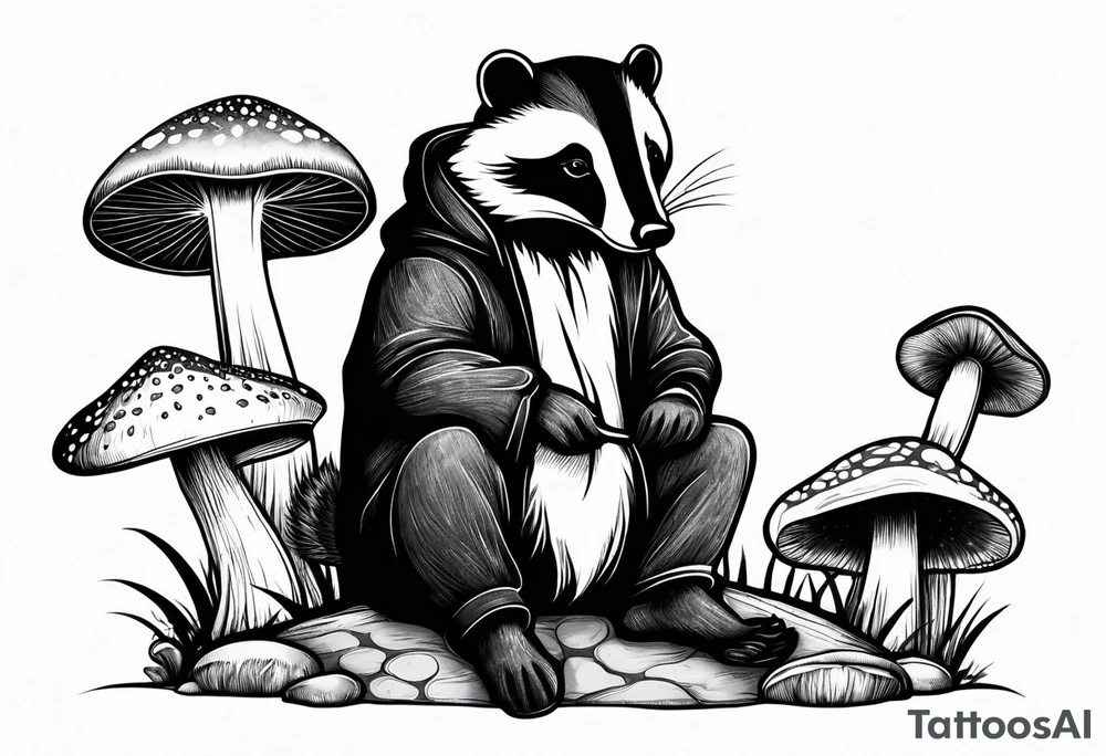 Badger in a coat sitting on a mushroom tattoo idea