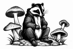 Badger in a coat sitting on a mushroom tattoo idea