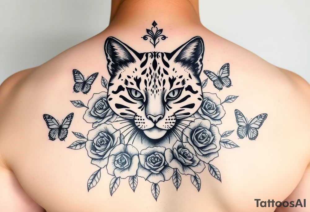 Elegant Burmese feline surrounded by rose ornaments and butterflies tattoo idea