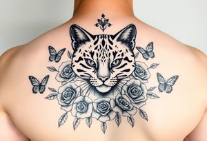 Elegant Burmese feline surrounded by rose ornaments and butterflies tattoo idea