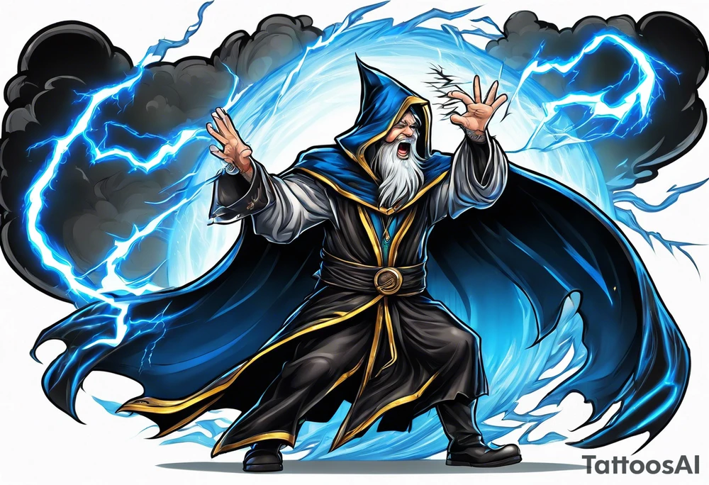 Yelling wizard directing a lightning strike with blue lightning and a black cloak tattoo idea
