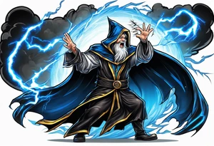 Yelling wizard directing a lightning strike with blue lightning and a black cloak tattoo idea