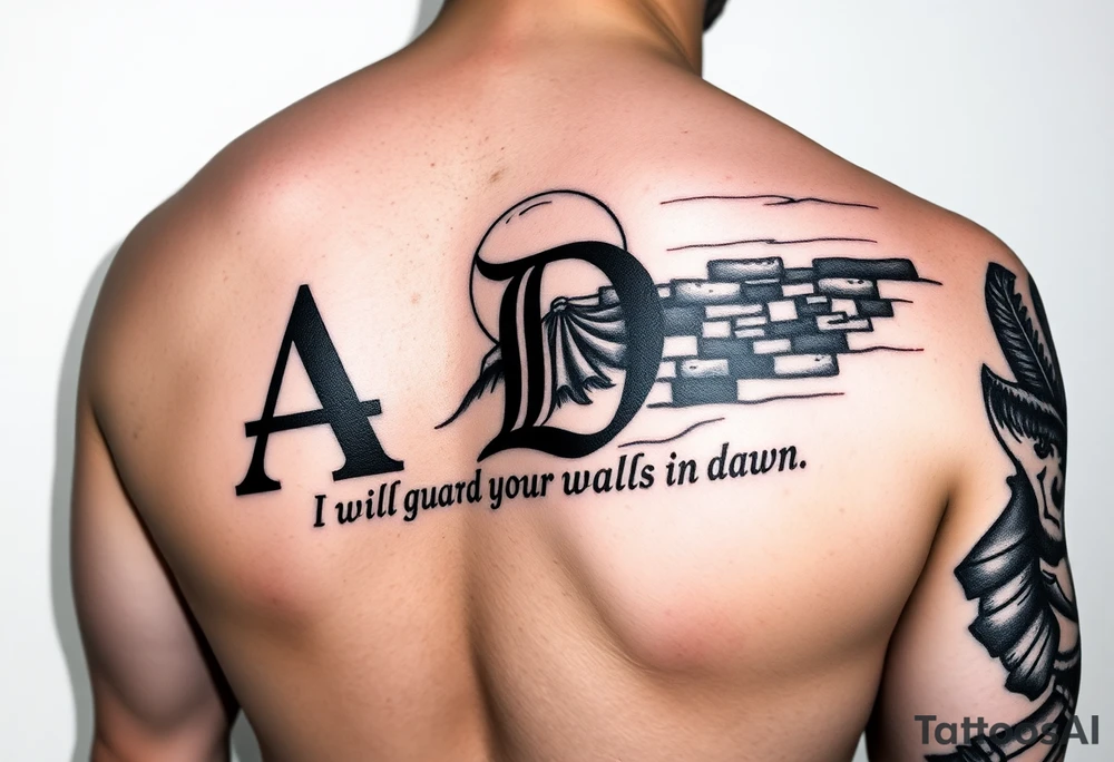 A sleeve tattoo on the right arm with the letters A and D in large letters combined and inside them the inscription "I will guard your walls until dawn" against a wall at sunrise tattoo idea