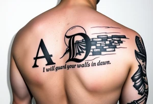 A sleeve tattoo on the right arm with the letters A and D in large letters combined and inside them the inscription "I will guard your walls until dawn" against a wall at sunrise tattoo idea