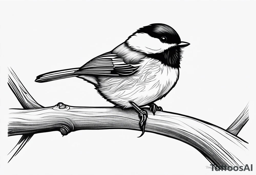 Illustrate a tattoo of a chickadee perched on a twig, focusing on clean lines and minimal detail for an understated design tattoo idea