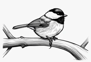 Illustrate a tattoo of a chickadee perched on a twig, focusing on clean lines and minimal detail for an understated design tattoo idea