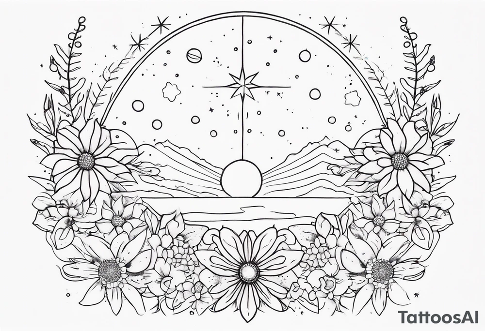 fine line with sun, stars, floral, dots. Sternum tattoo tattoo idea